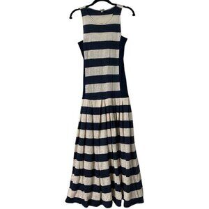 Vintage Blue Gray Stripe Maxi Dress Womens Coastal Drop Waist Fisherman Boho